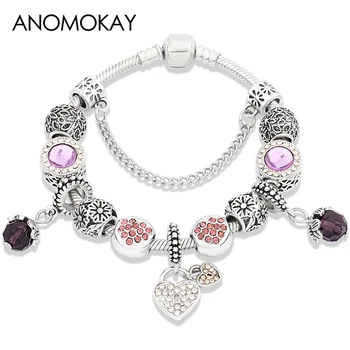 Классический браслет с фиолетовым кристаллом для женщин, подарок для девочек, Серебряное Цветочное Сердечко, Украшения из бисера своими руками