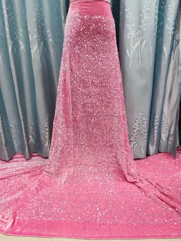 Новейшая Африканская бархатная кружевная ткань розовые блестки Высококачественная вышивка Французская кружевная ткань 5 ярдов Нигерийское кружево для свадьбы